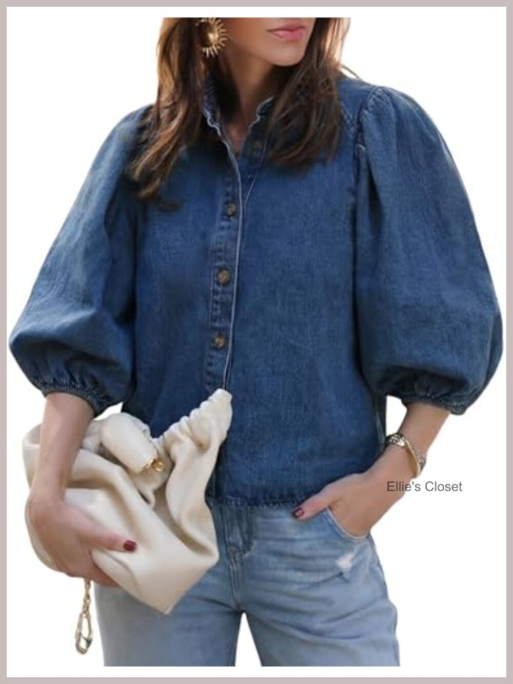 Women's Denim Button Down Shirt Short Puff Sleeves Casual Summer Top